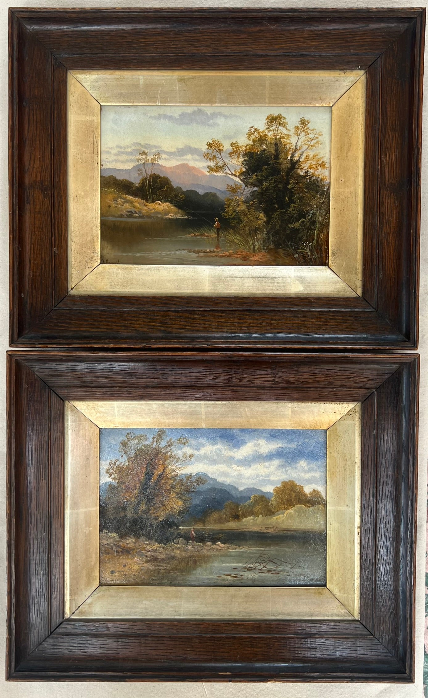 Pair of Original J. Howard Oil Paintings c.1880 Highland River Fishing Scenes