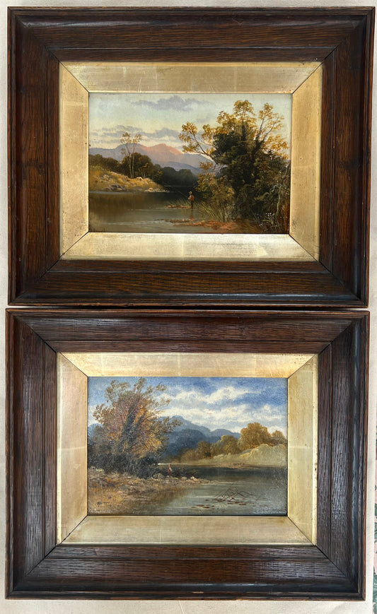 Pair of Original J. Howard Oil Paintings c.1880 Highland River Fishing Scenes