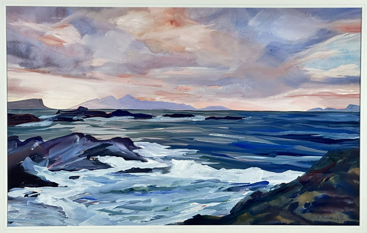 Kathleen Russell (b. 1940) - Evening Skies over Rhum - Original Scottish Coastal Mixed Media Painting, Signed, Framed