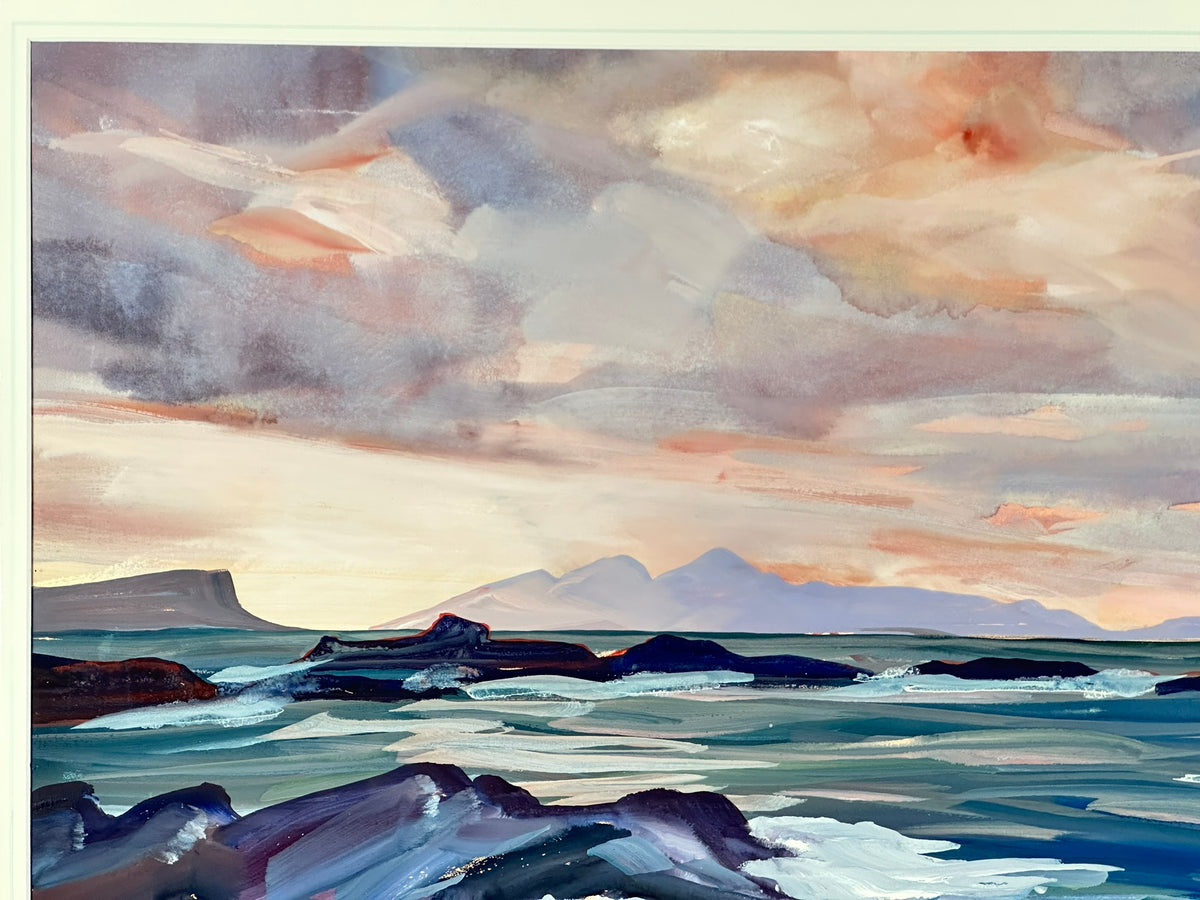 Kathleen Russell (b. 1940) - Evening Skies over Rhum - Original Scottish Coastal Mixed Media Painting, Signed, Framed