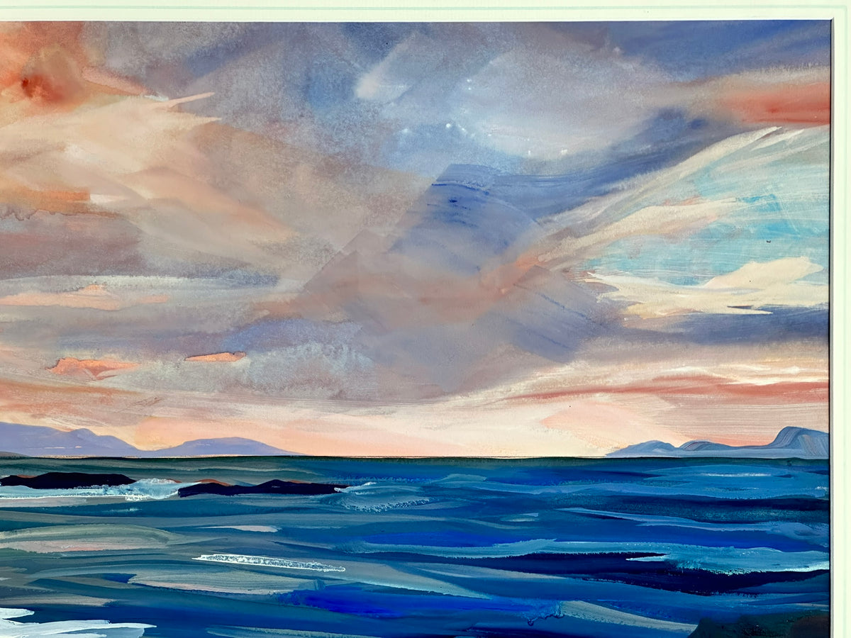 Kathleen Russell (b. 1940) - Evening Skies over Rhum - Original Scottish Coastal Mixed Media Painting, Signed, Framed