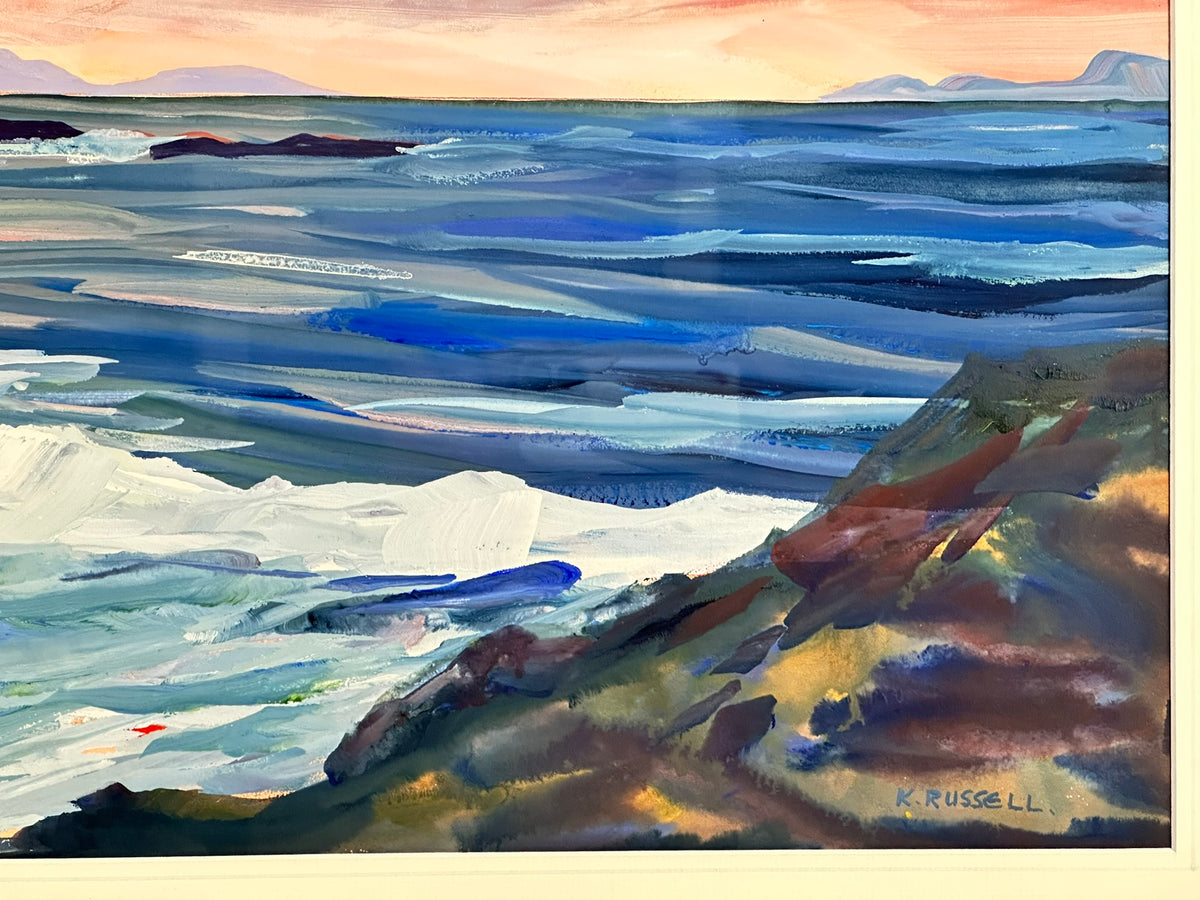 Kathleen Russell (b. 1940) - Evening Skies over Rhum - Original Scottish Coastal Mixed Media Painting, Signed, Framed