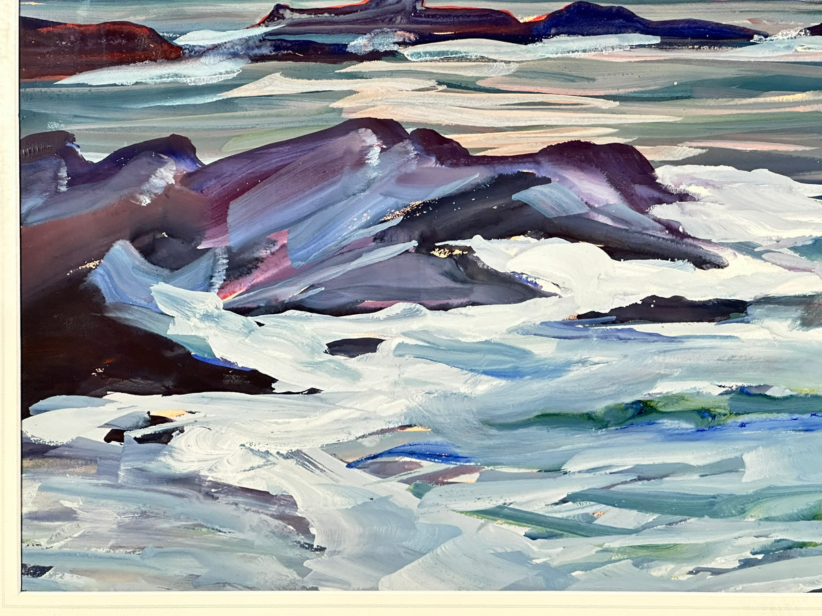 Kathleen Russell (b. 1940) - Evening Skies over Rhum - Original Scottish Coastal Mixed Media Painting, Signed, Framed