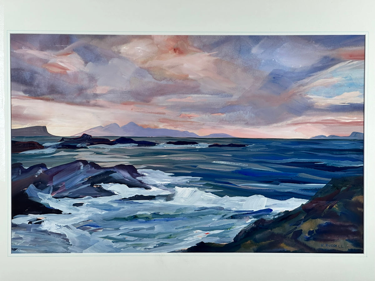 Kathleen Russell (b. 1940) - Evening Skies over Rhum - Original Scottish Coastal Mixed Media Painting, Signed, Framed