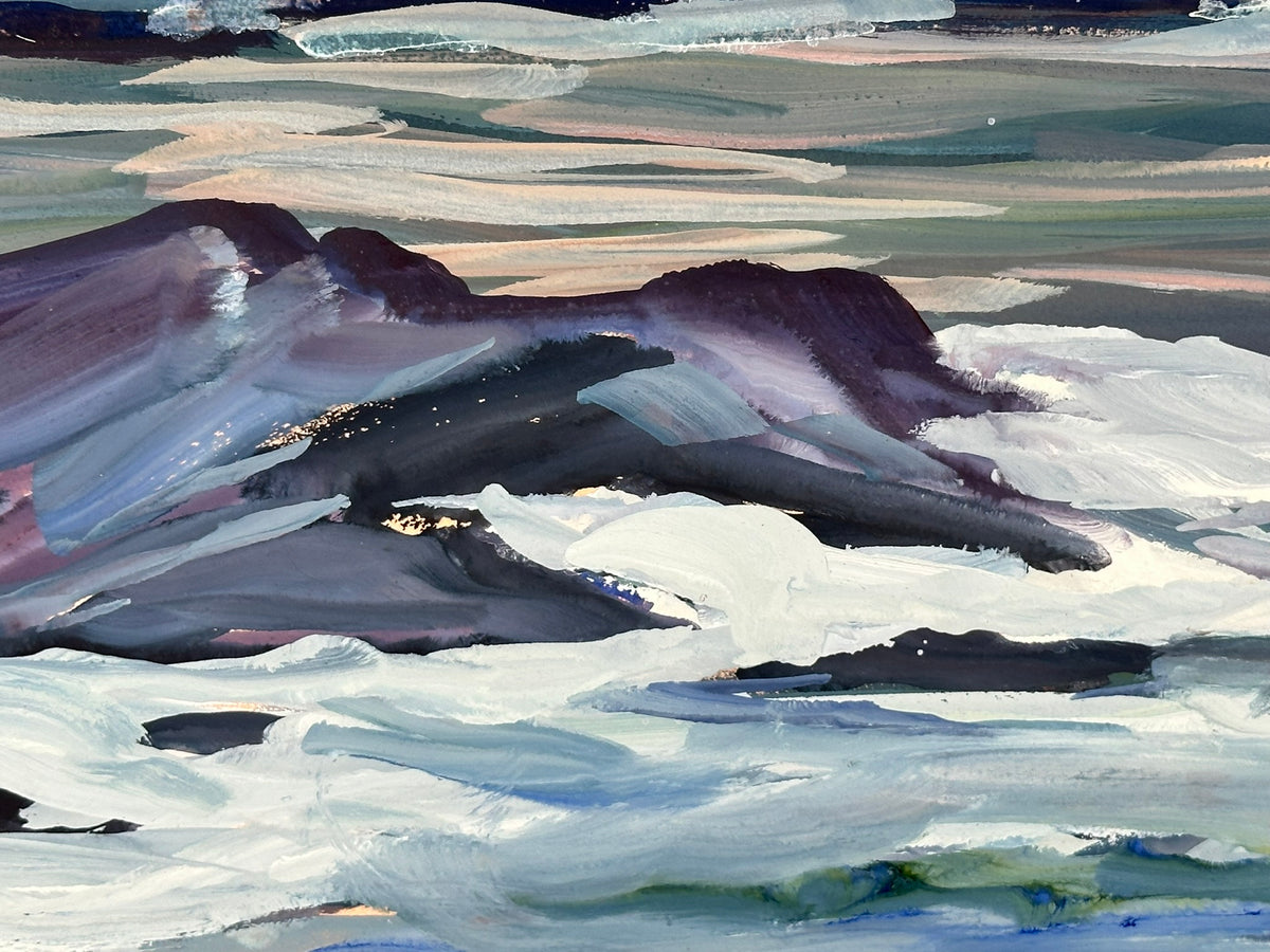 Kathleen Russell (b. 1940) - Evening Skies over Rhum - Original Scottish Coastal Mixed Media Painting, Signed, Framed