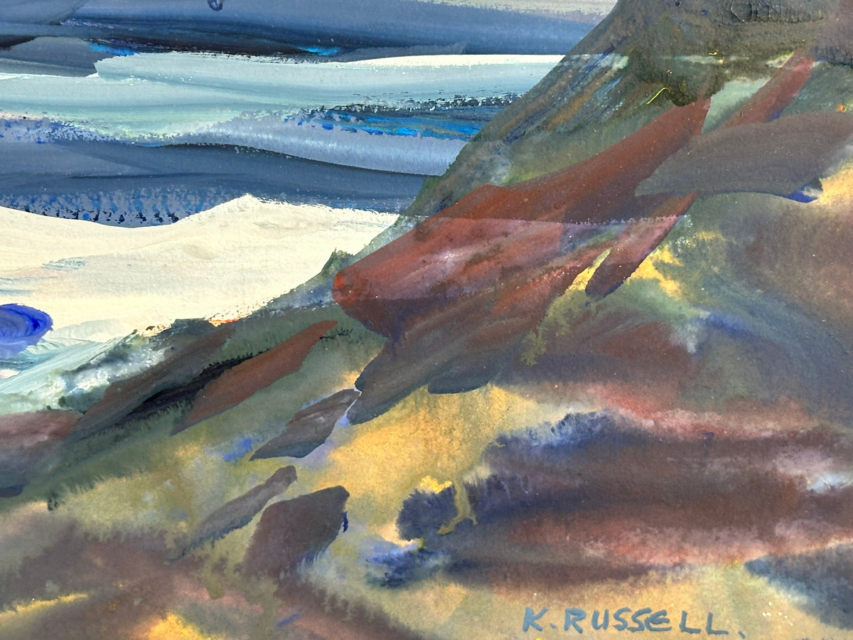 Kathleen Russell (b. 1940) - Evening Skies over Rhum - Original Scottish Coastal Mixed Media Painting, Signed, Framed