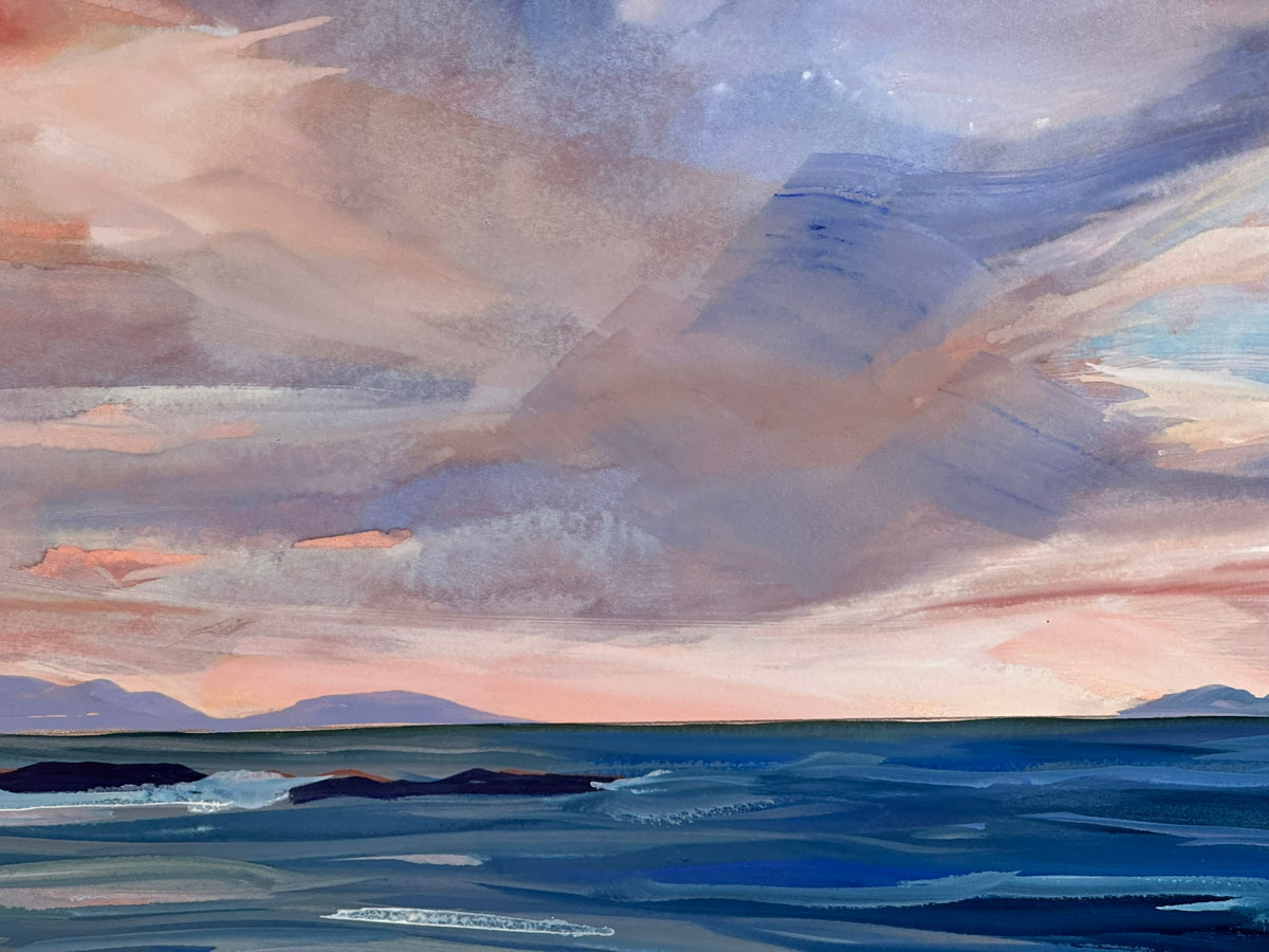 Kathleen Russell (b. 1940) - Evening Skies over Rhum - Original Scottish Coastal Mixed Media Painting, Signed, Framed
