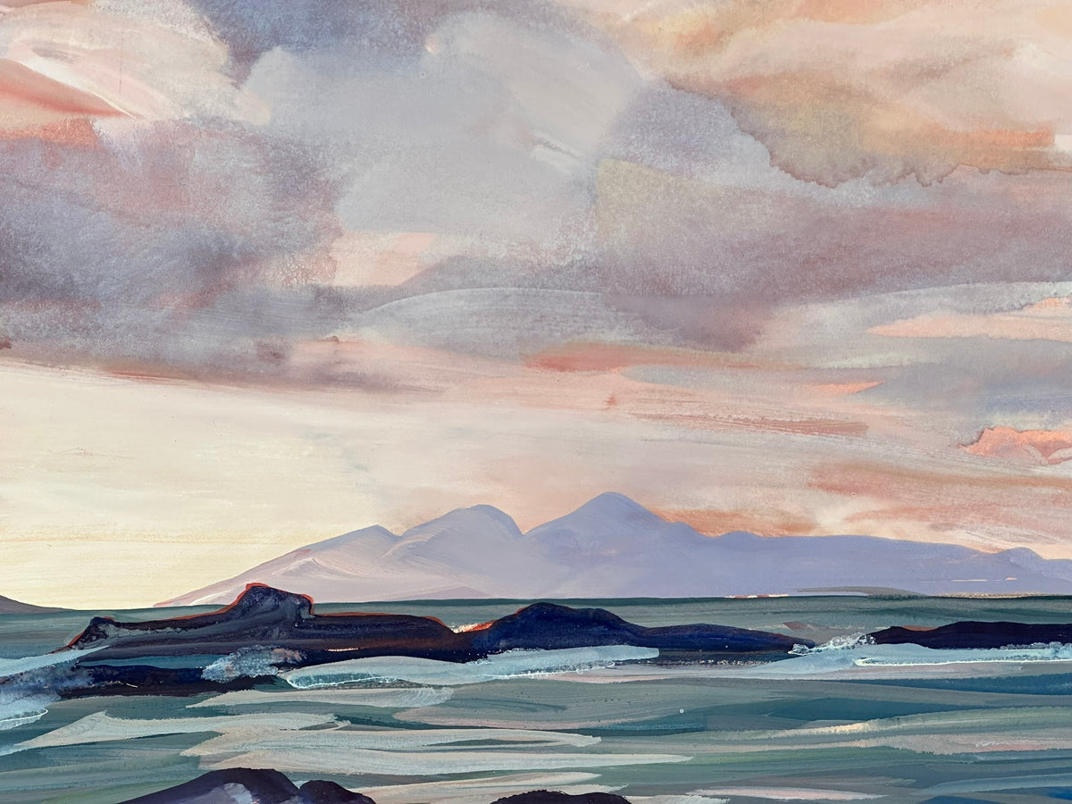 Kathleen Russell (b. 1940) - Evening Skies over Rhum - Original Scottish Coastal Mixed Media Painting, Signed, Framed