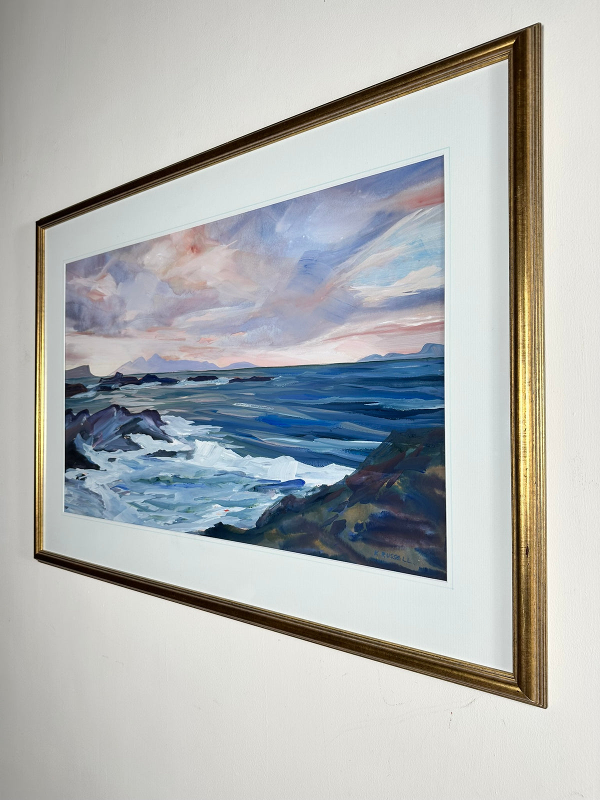 Kathleen Russell (b. 1940) - Evening Skies over Rhum - Original Scottish Coastal Mixed Media Painting, Signed, Framed