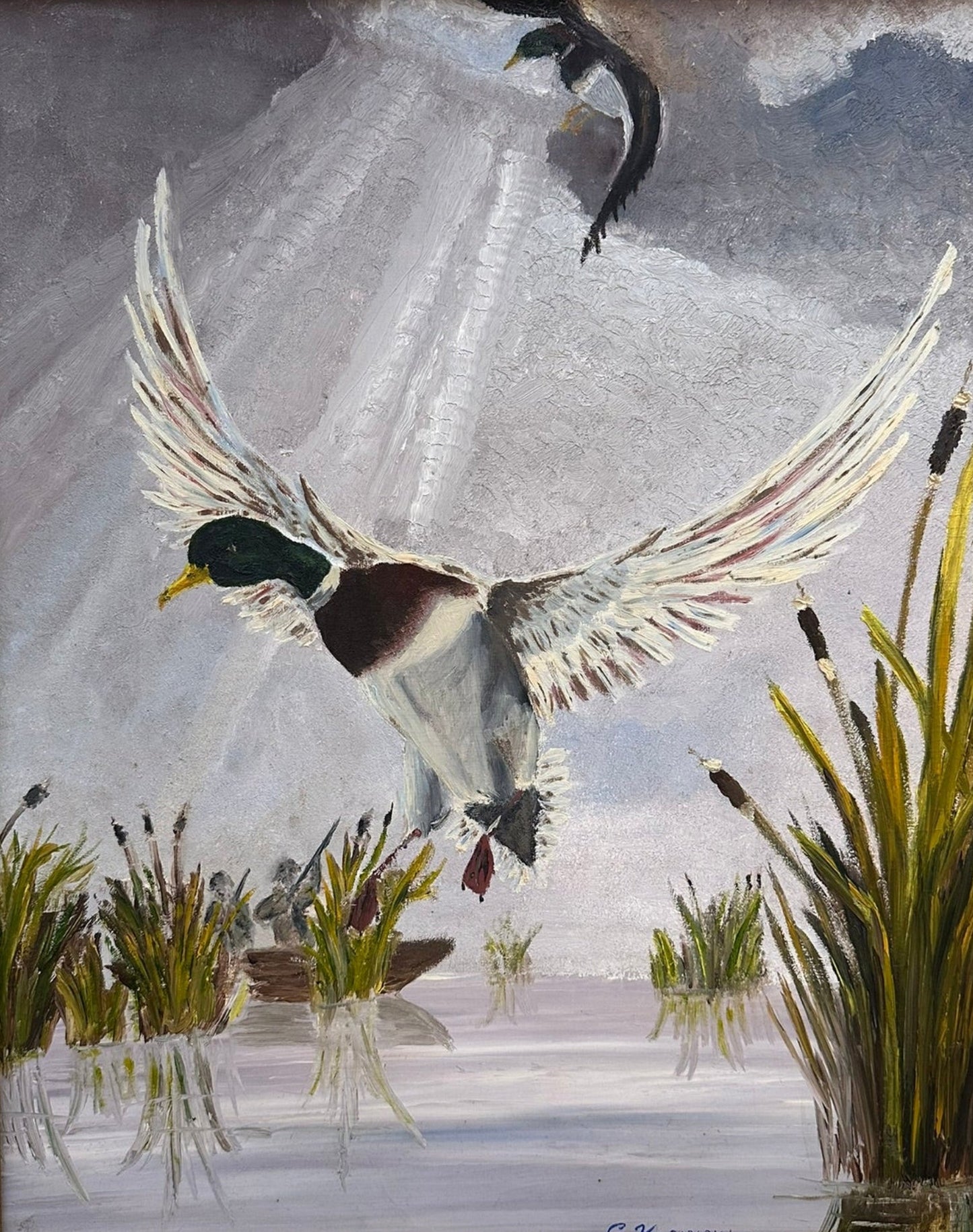 George Kosinski (Scottish) Original Oil Painting - Mallard Ducks Landing. Signed