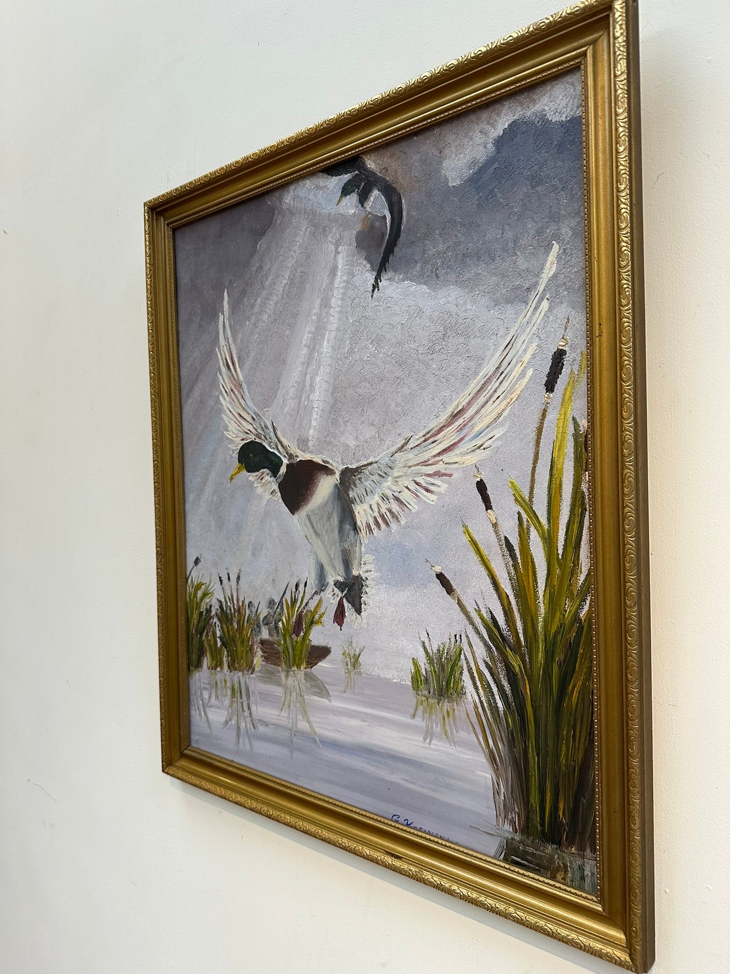 George Kosinski (Scottish) Original Oil Painting - Mallard Ducks Landing. Signed