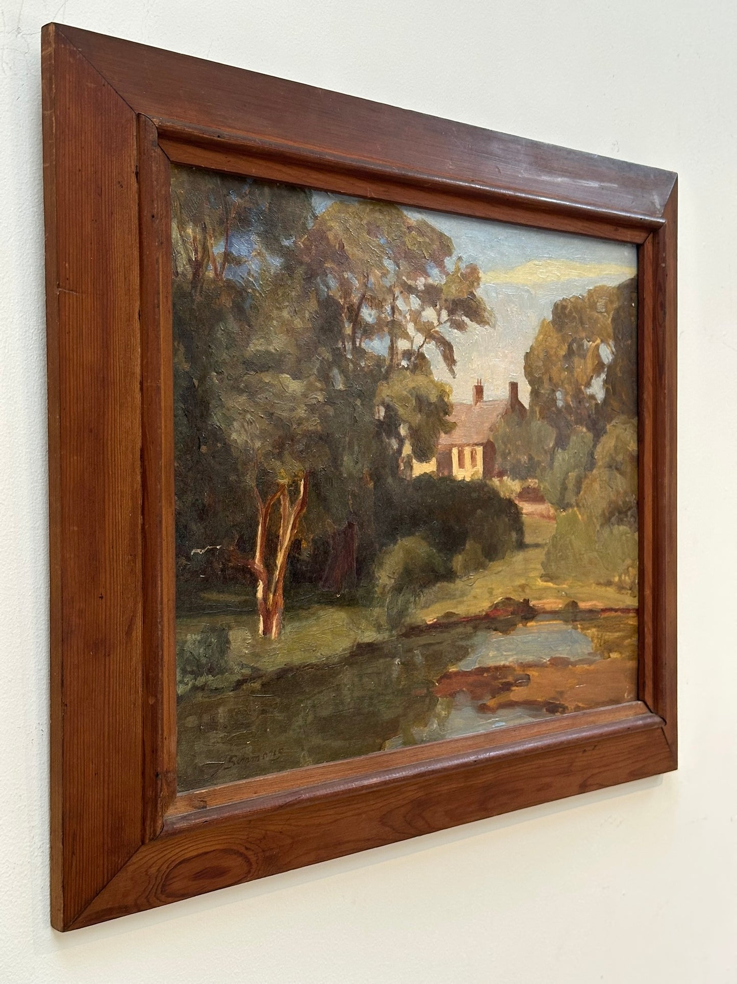John Simmons - Oil on Mahogany Board. Tyneham, Dorset 32x39cm ROI Exhibit label