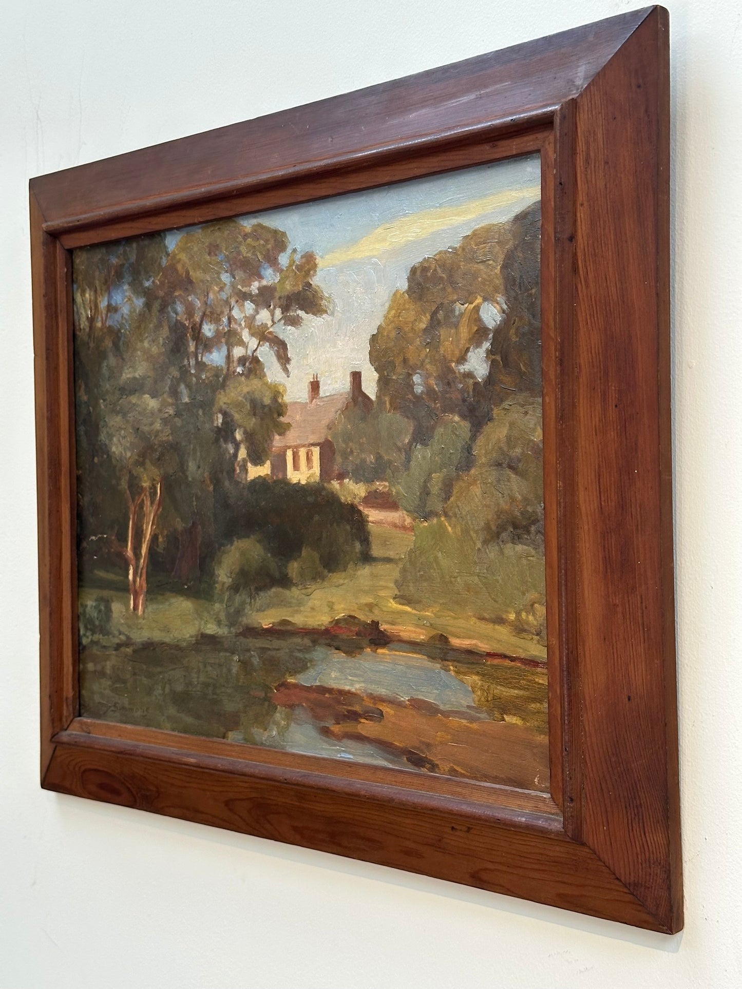 John Simmons - Oil on Mahogany Board. Tyneham, Dorset 32x39cm ROI Exhibit label