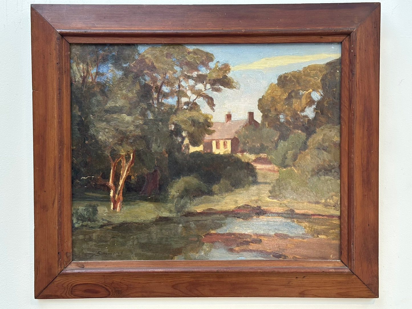 John Simmons - Oil on Mahogany Board. Tyneham, Dorset 32x39cm ROI Exhibit label