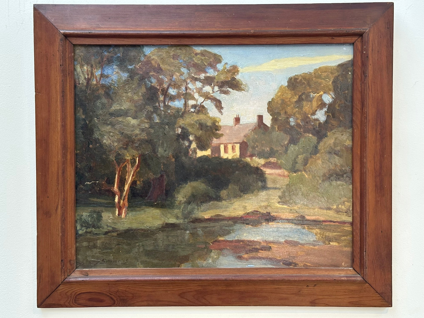 John Simmons - Oil on Mahogany Board. Tyneham, Dorset 32x39cm ROI Exhibit label