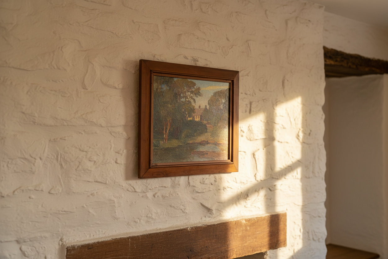 John Simmons - Oil on Mahogany Board. Tyneham, Dorset 32x39cm ROI Exhibit label