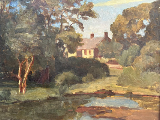 John Simmons - Oil on Mahogany Board. Tyneham, Dorset 32x39cm ROI Exhibit label