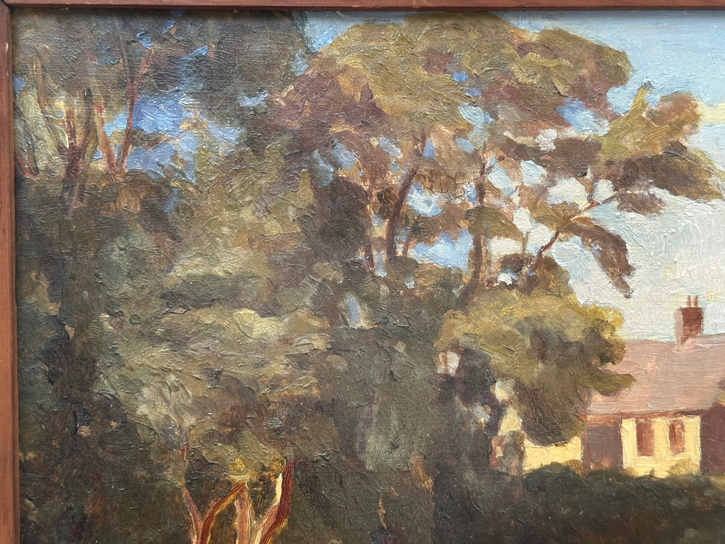 John Simmons - Oil on Mahogany Board. Tyneham, Dorset 32x39cm ROI Exhibit label