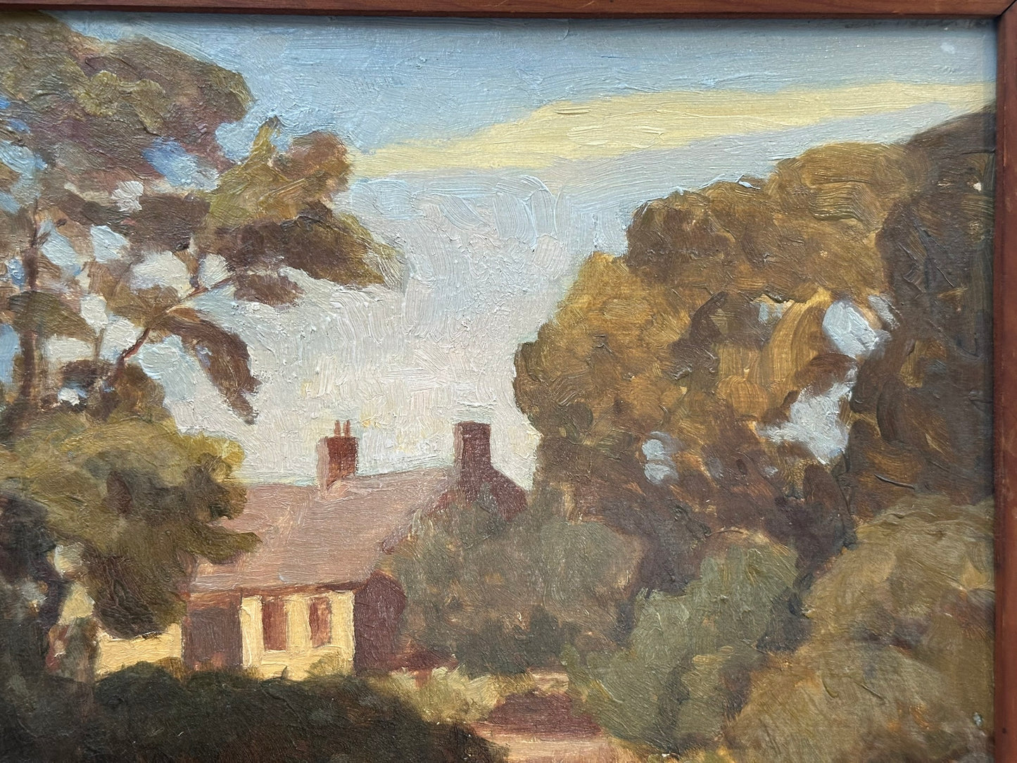 John Simmons - Oil on Mahogany Board. Tyneham, Dorset 32x39cm ROI Exhibit label