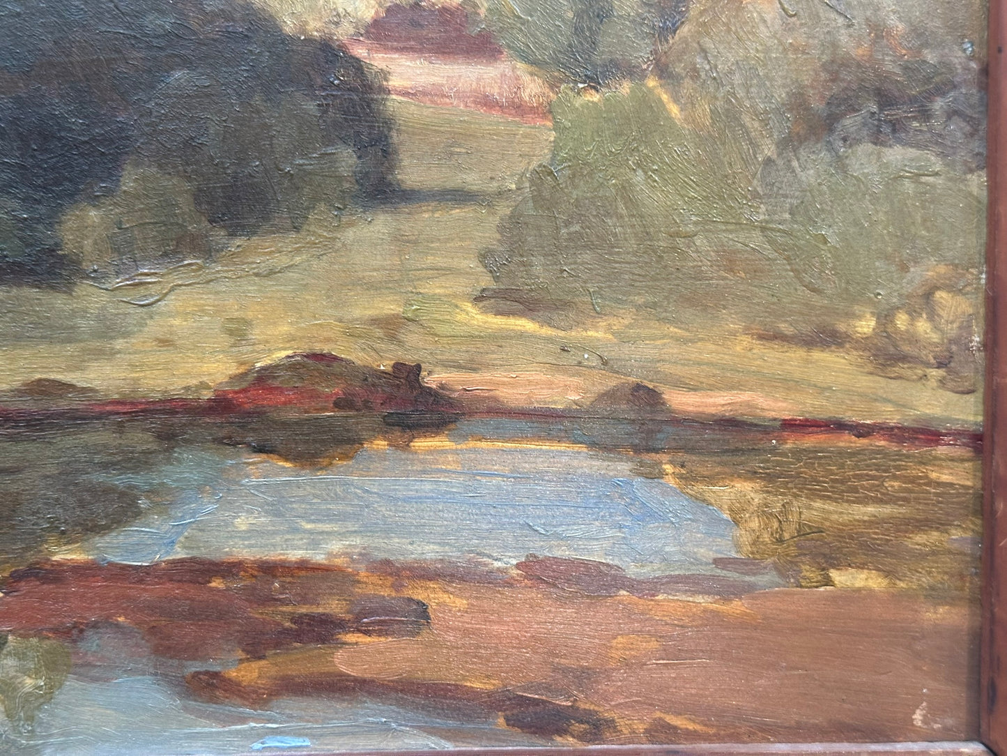John Simmons - Oil on Mahogany Board. Tyneham, Dorset 32x39cm ROI Exhibit label