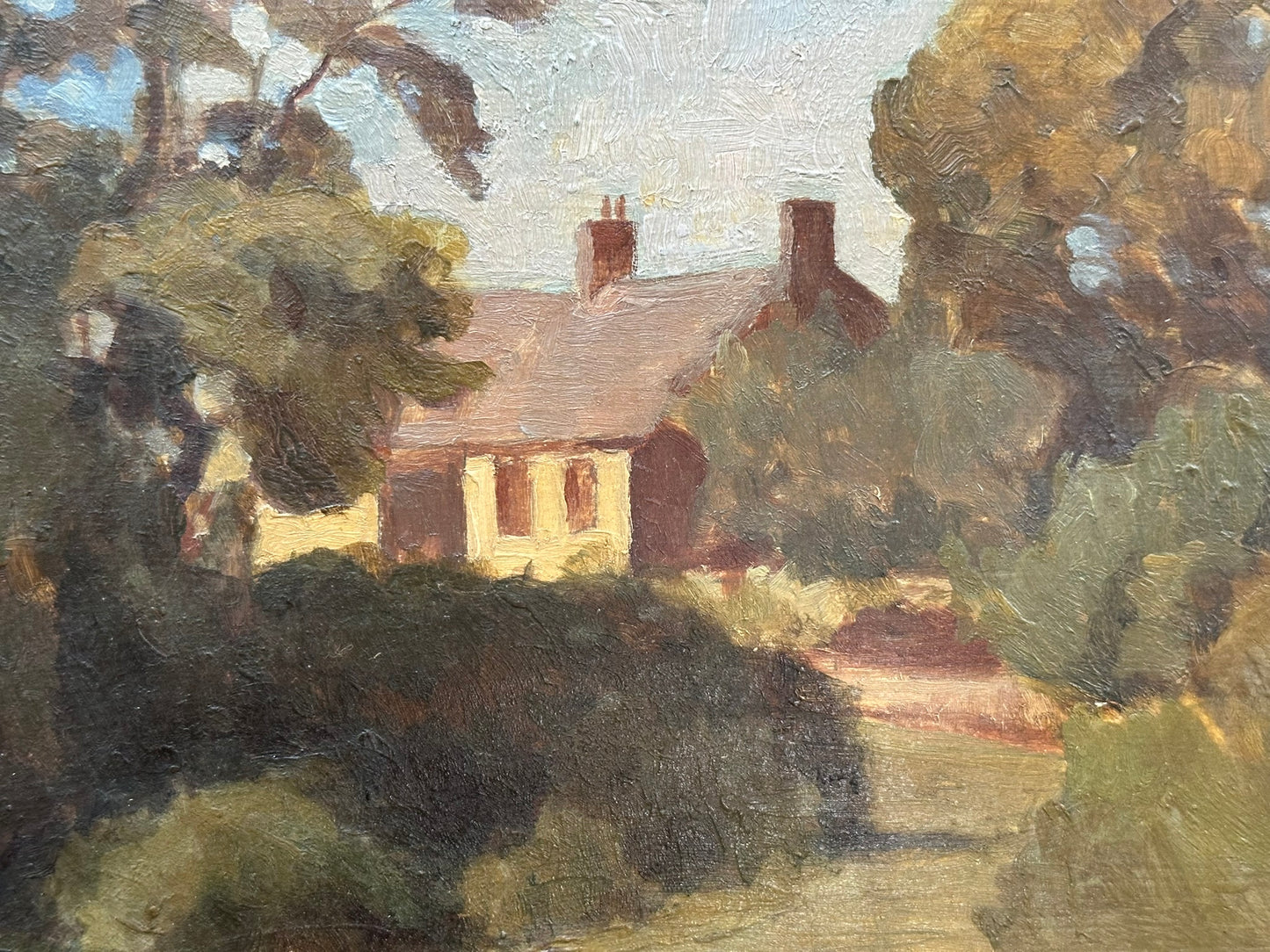 John Simmons - Oil on Mahogany Board. Tyneham, Dorset 32x39cm ROI Exhibit label