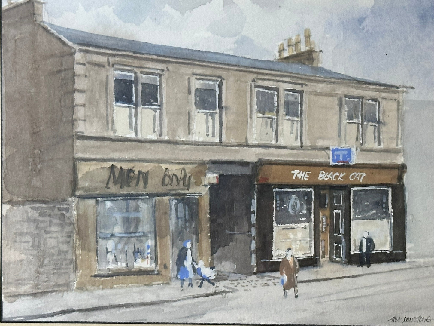 Tom Johnstone Scottish Watercolour - Black Cat Pub Laird Street Greenock 24x18cm