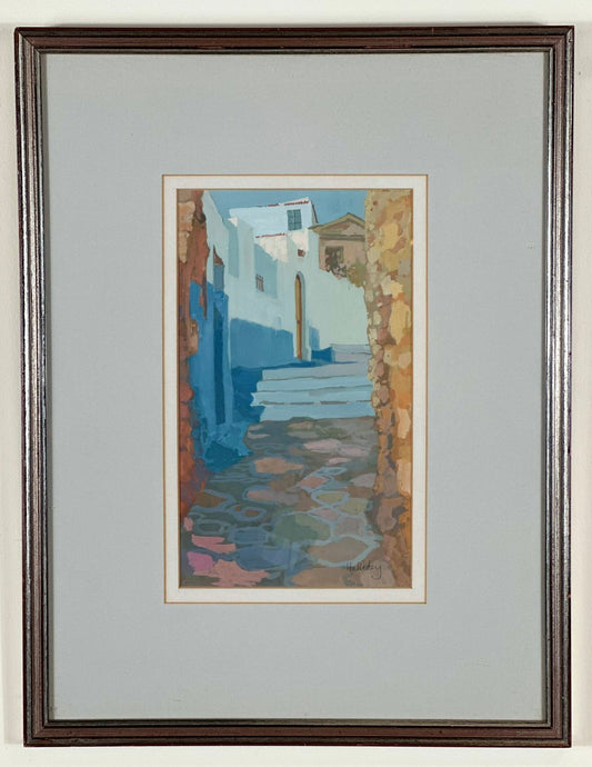 Irene Halliday RSW Scottish Gouache Walls & Stones Greek Island 24x14cm