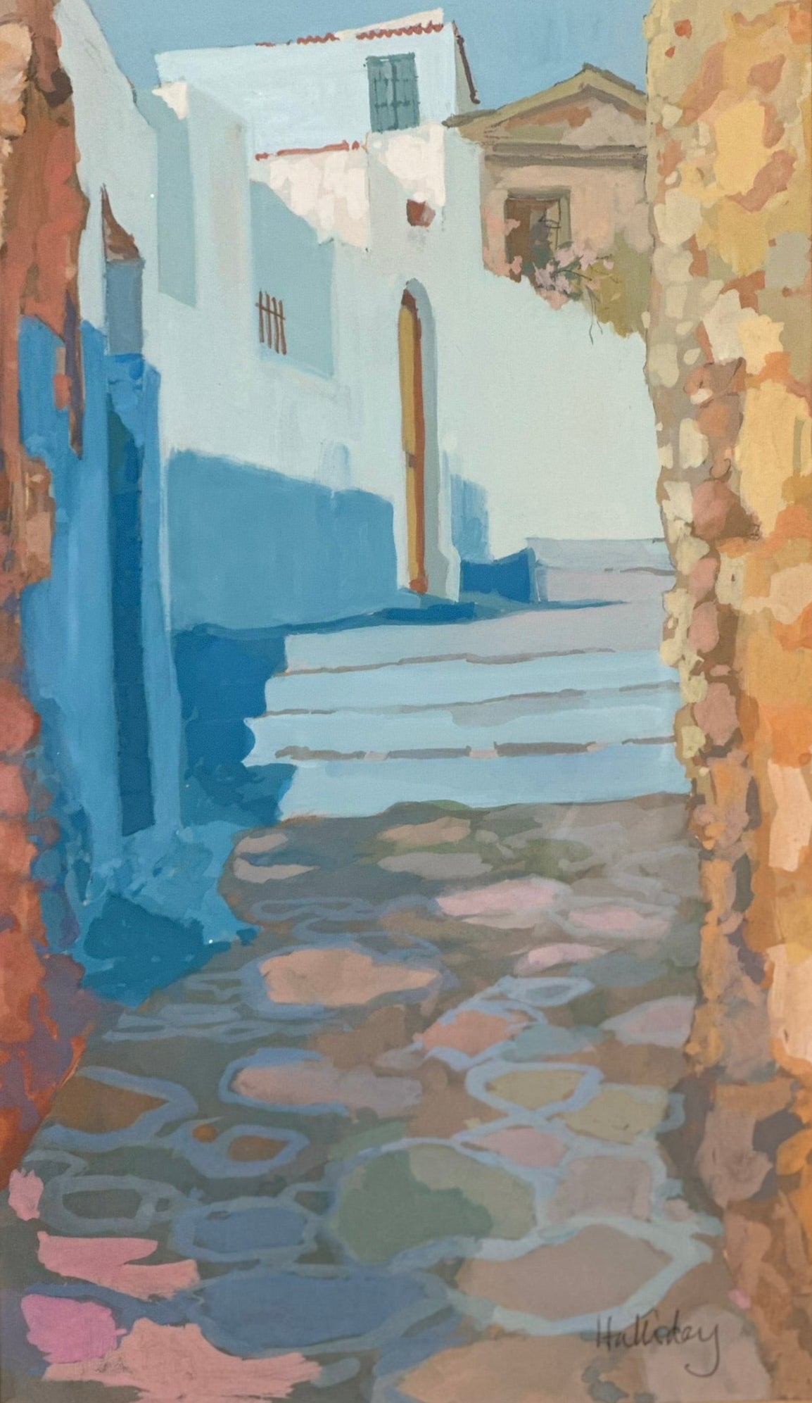 Irene Halliday RSW Scottish Gouache Walls & Stones Greek Island 24x14cm