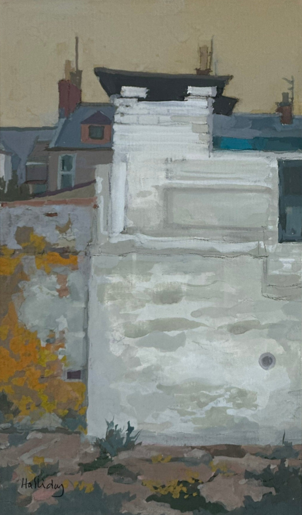 Irene Halliday RSW (Scottish) Gouache - Fish House Arbroath Scottish 21x12.5 cm