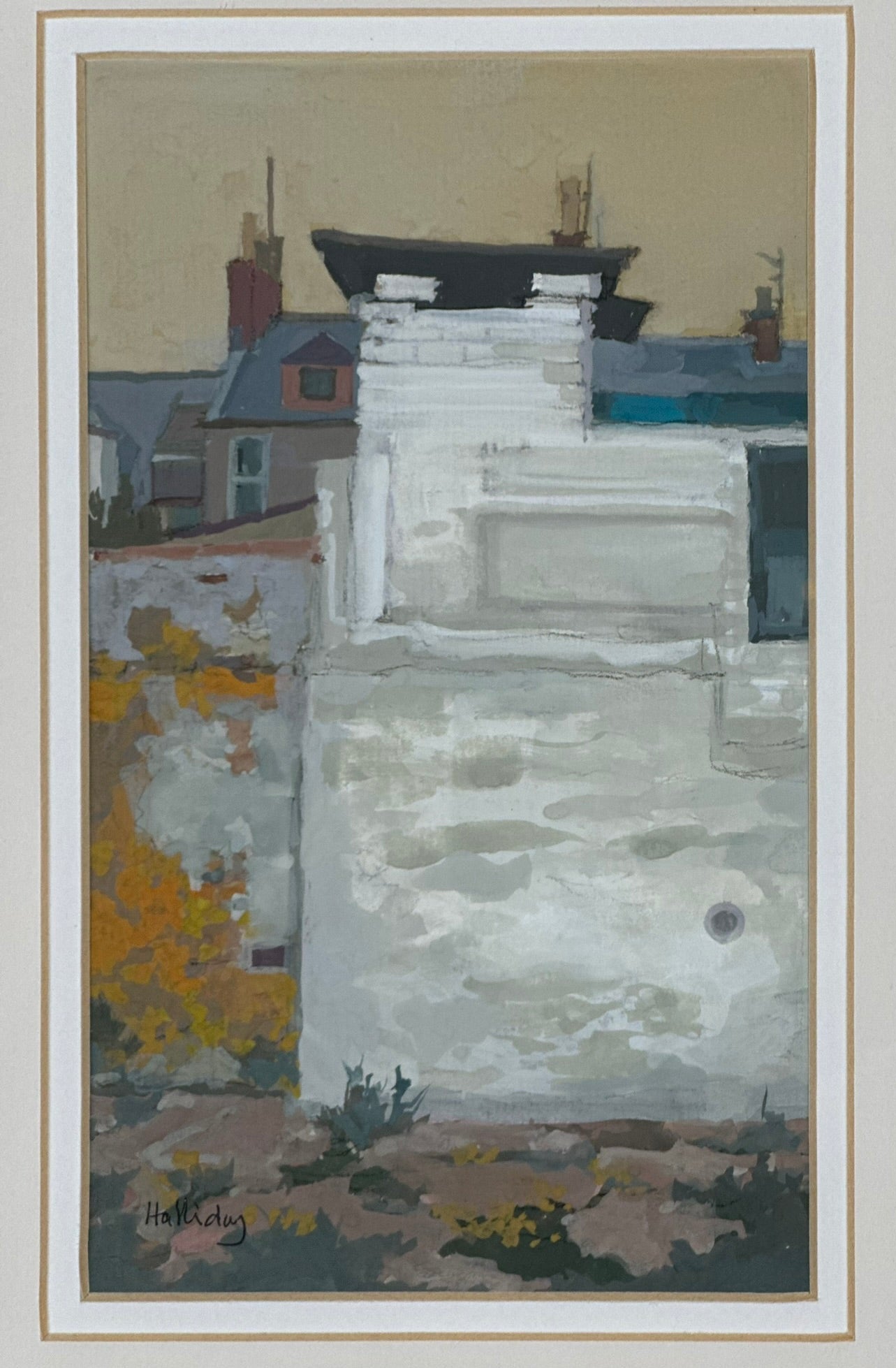 Irene Halliday RSW (Scottish) Gouache - Fish House Arbroath Scottish 21x12.5 cm