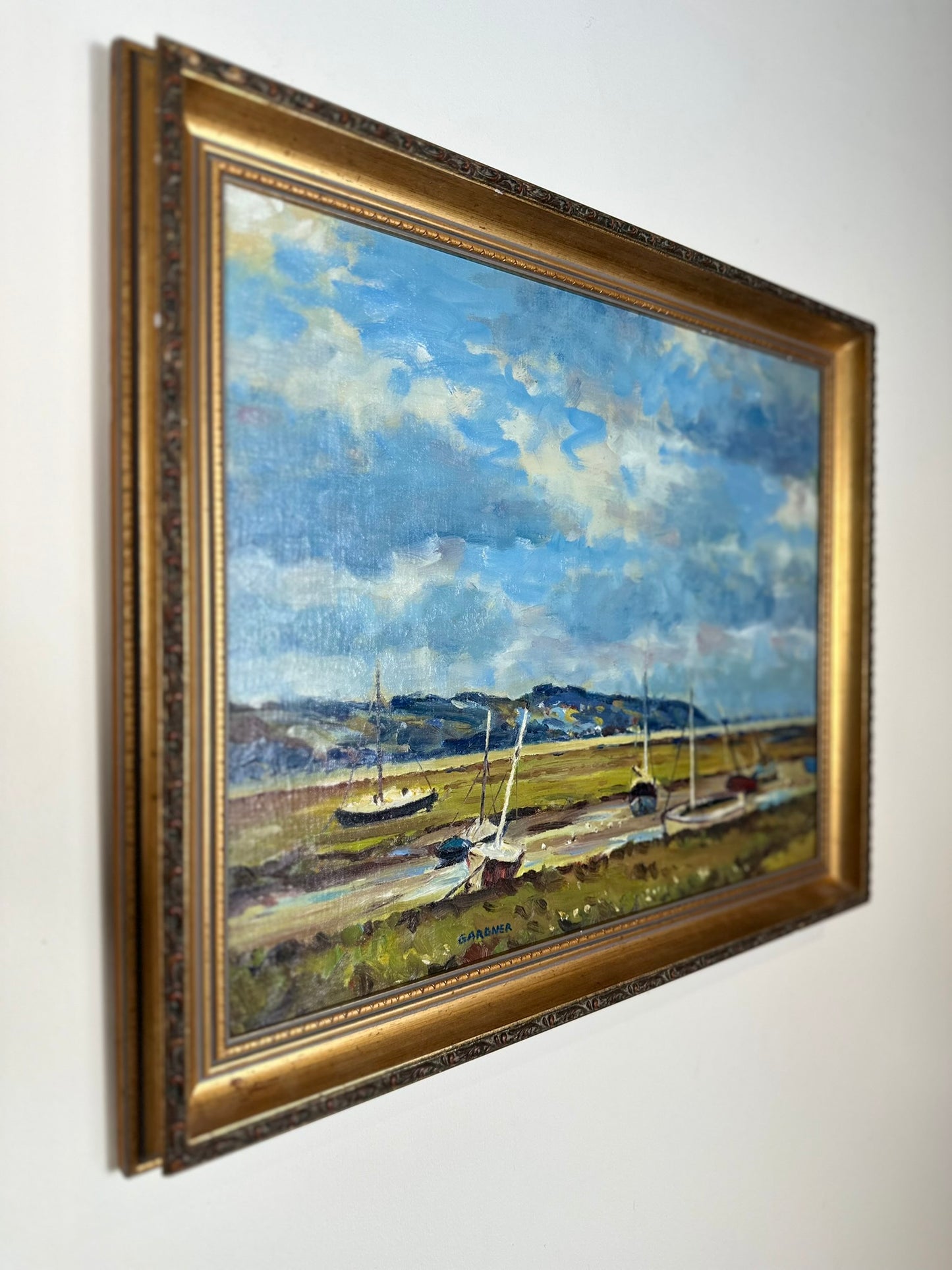 Keith Gardner RCA Oil Painting Boats in Welsh Estuary Scene Original 45.5x35.5cm