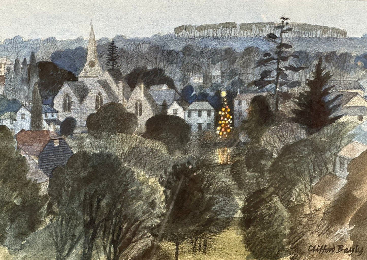 Clifford Bayly RWS - Signed Early Evening Festive Village Watercolour 27x19cm