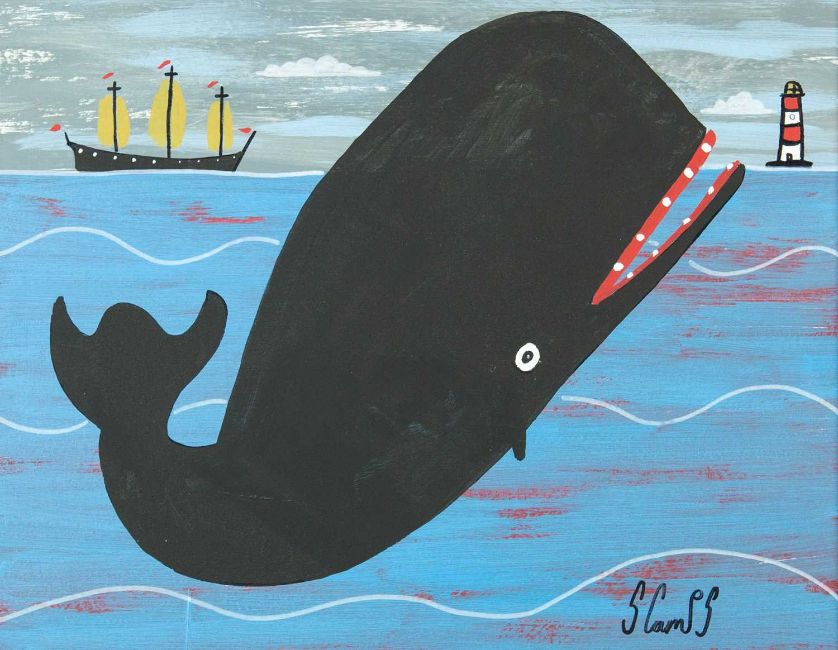 Steve Camps Original Oil Painting "Whale Boat Lighthouse" Naive Cornish Art