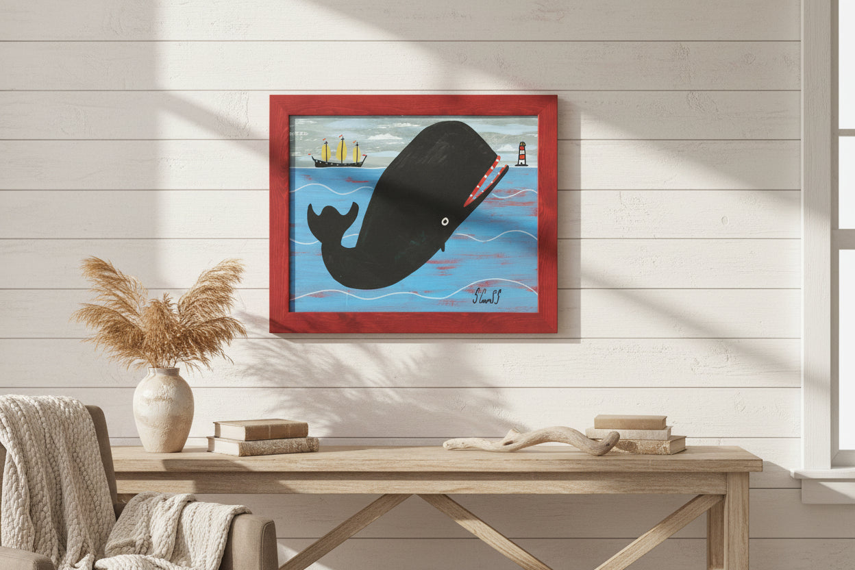 Steve Camps Original Oil Painting "Whale Boat Lighthouse" Naive Cornish Art