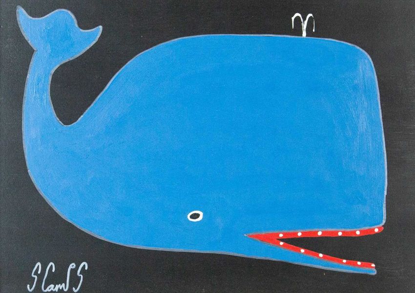 Steve Camps Oil Painting BIG Blue Whale Signed Naive Folk Art Coastal Naive