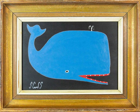 Steve Camps Oil Painting BIG Blue Whale Signed Naive Folk Art Coastal Naive