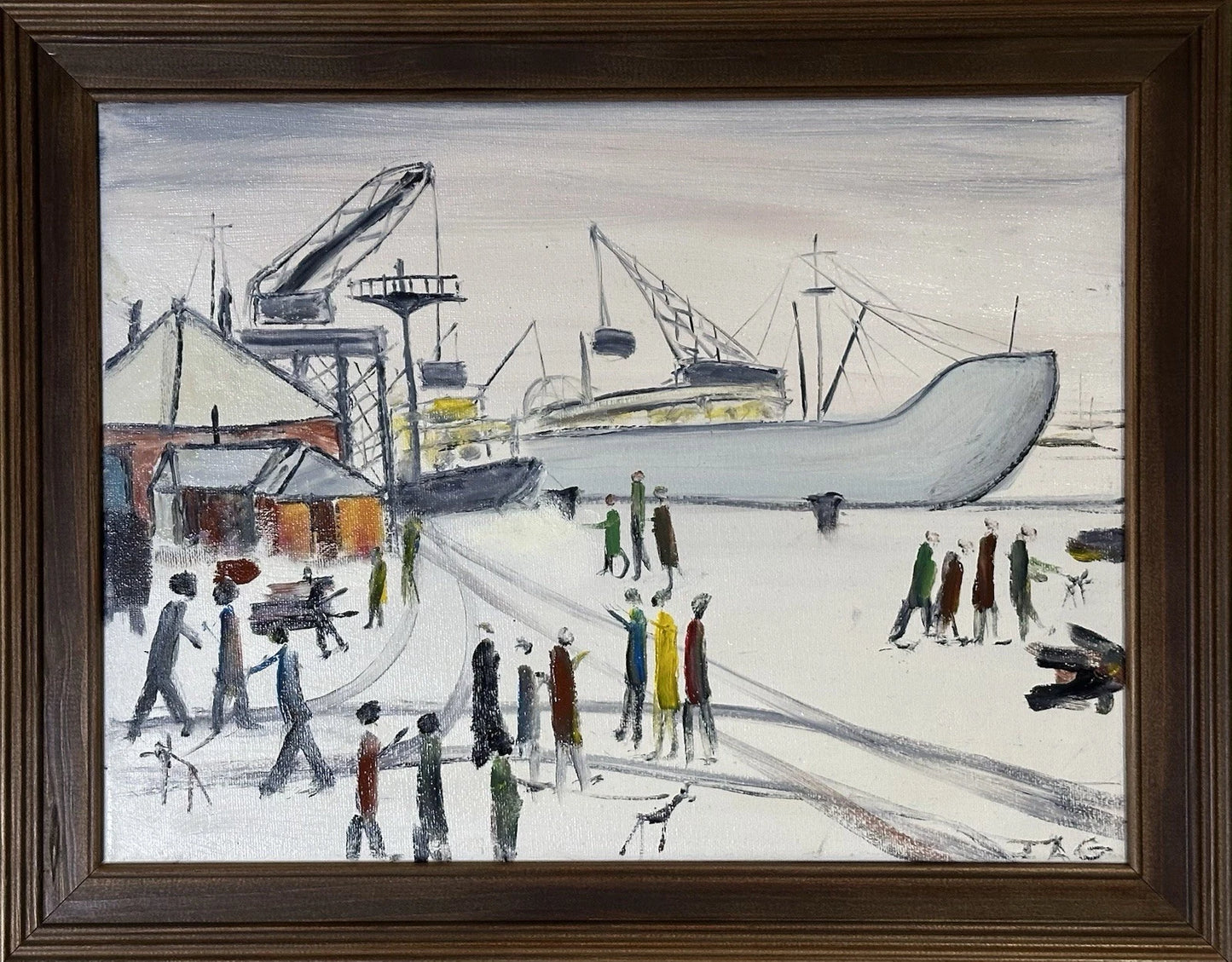 John Goodlad - The Docks Framed Oil on Canvas 40x30cm Manchester Art after Lowry