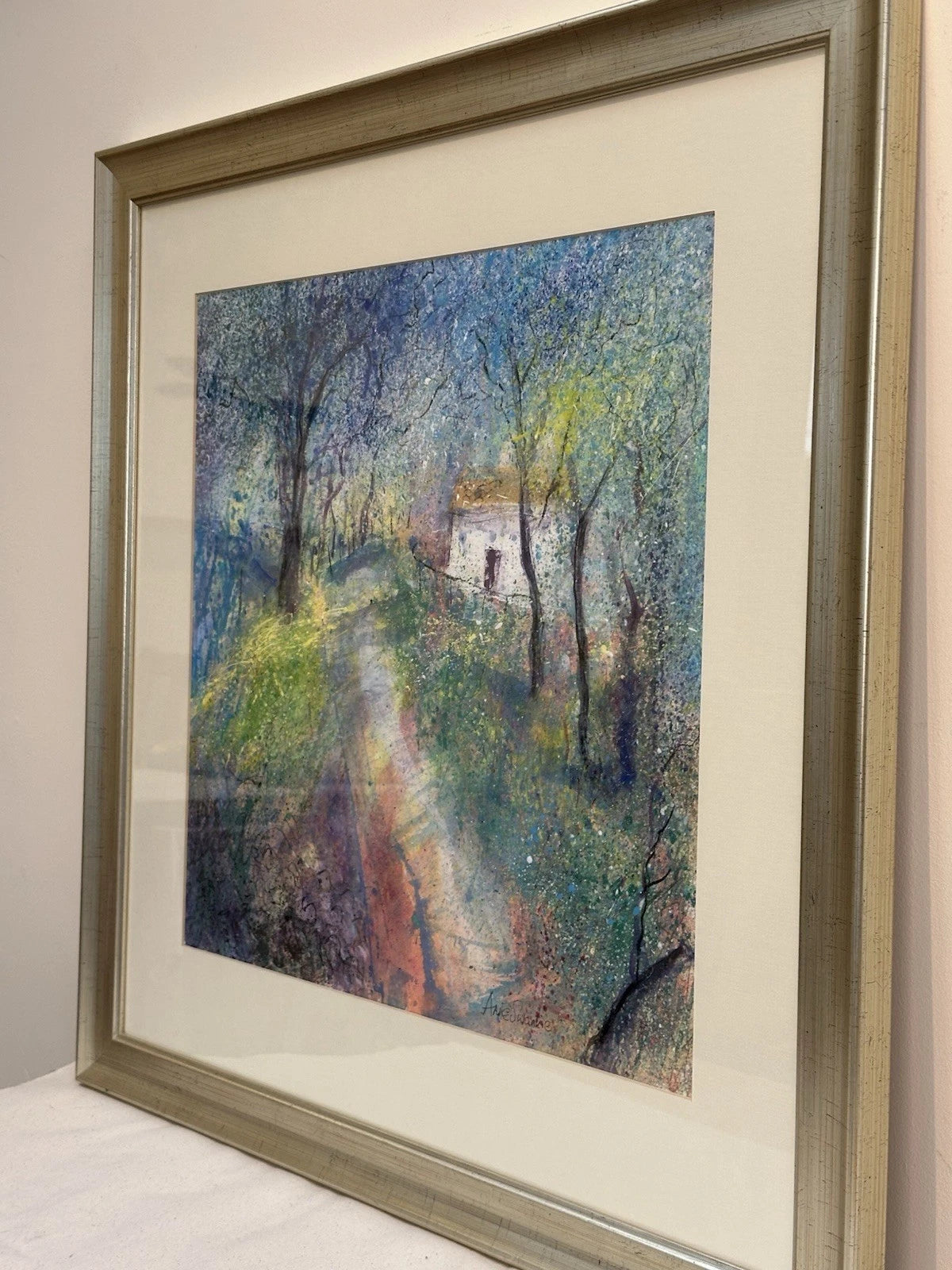 Anne Swankie - Charming Woodland Cottage Scene - Original Mixed Media 42x42cm