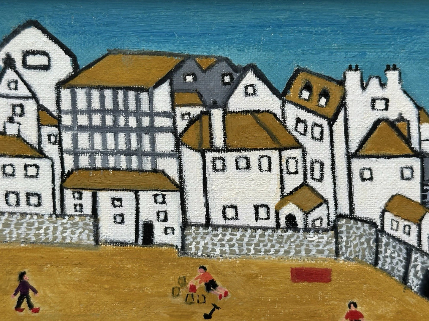 Barry Stokes - Framed Oil on Board 30x21cm Harbour Beach Scene Art After Lowry
