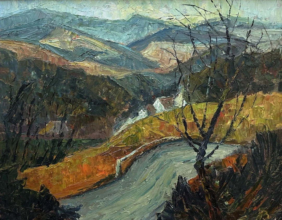 Peter Bevan (Scottish 1946-2018) - Original Oil on Board Mountain Road Landscape