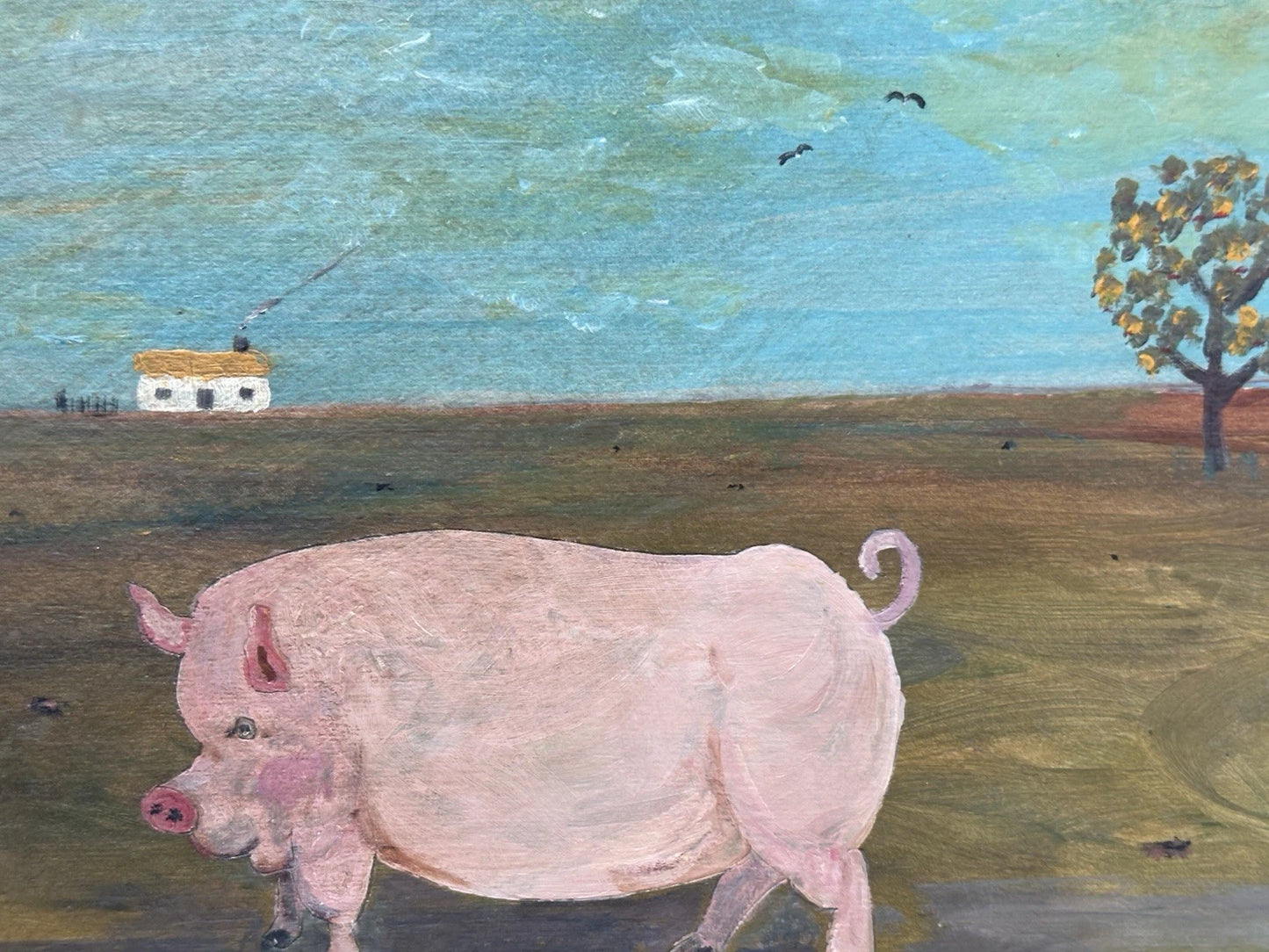 Steve Camps - Rare early original Naive Landscape - Pig Cottage Tree 33cmx26.5cm