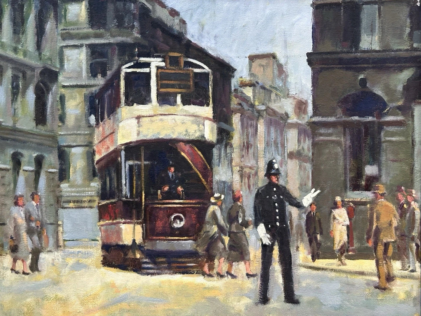 Keith Gardner RCA Large Oil Painting - Liverpool Tram & Policeman Framed 62x46cm
