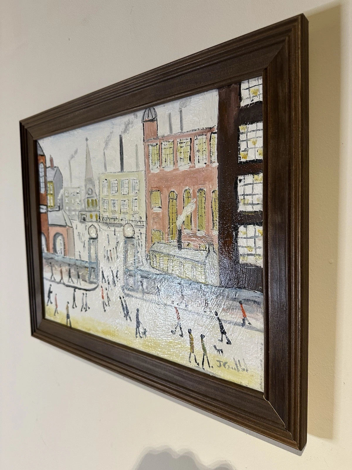 John Goodlad - Working at the Mills - Framed Oil on Canvas 40x30cm After Lowry