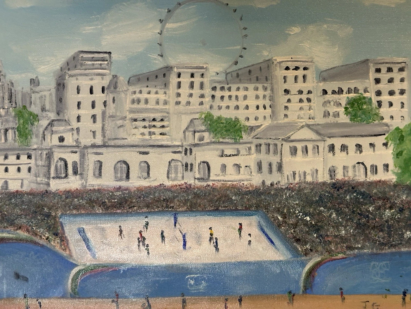 John Goodlad - London Olympics Beach Volleyball Oil Painting 40x30cm After Lowry