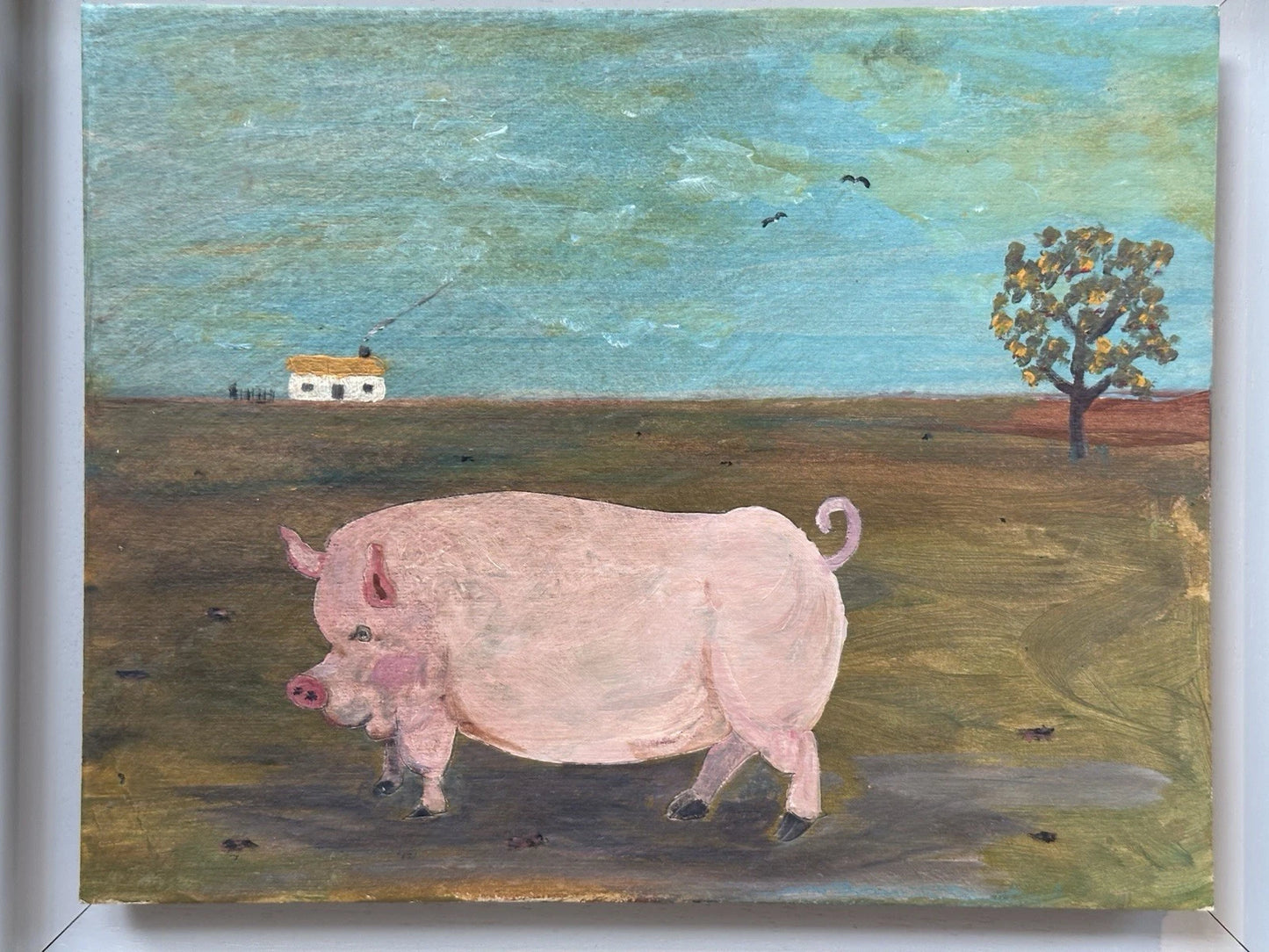 Steve Camps - Rare early original Naive Landscape - Pig Cottage Tree 33cmx26.5cm