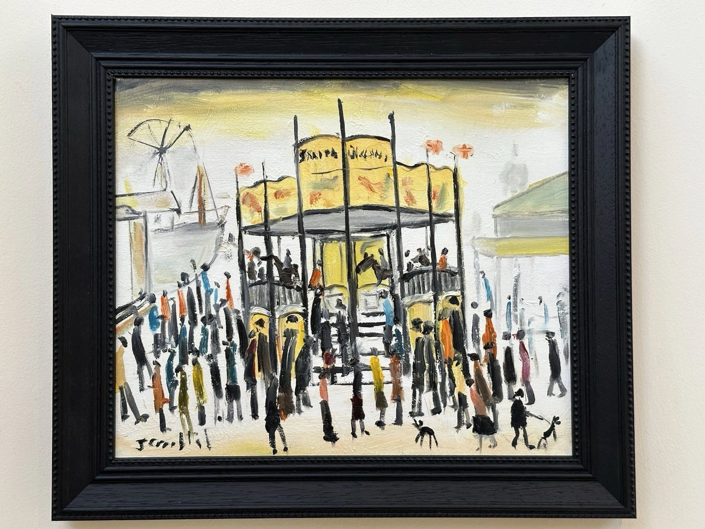 John Goodlad - Funfair at Dusk Oil Painting 10x12in Framed Signed Lowry Style