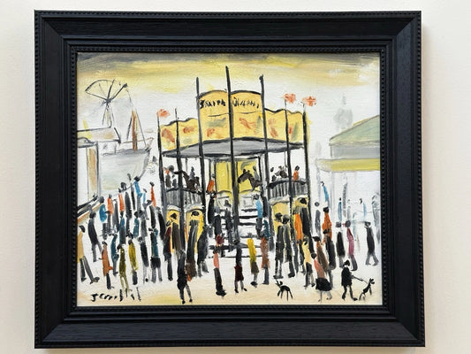 John Goodlad - Funfair at Dusk Oil Painting 10x12in Framed Signed Lowry Style