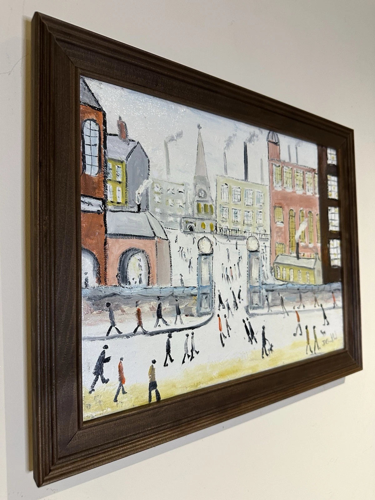 John Goodlad - Working at the Mills - Framed Oil on Canvas 40x30cm After Lowry