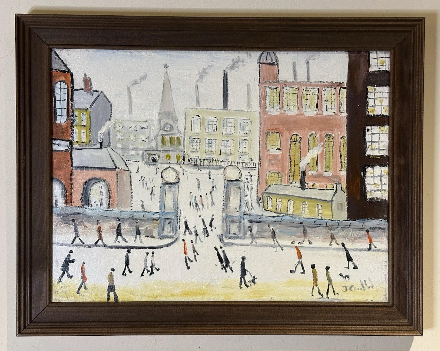 John Goodlad - Working at the Mills - Framed Oil on Canvas 40x30cm After Lowry