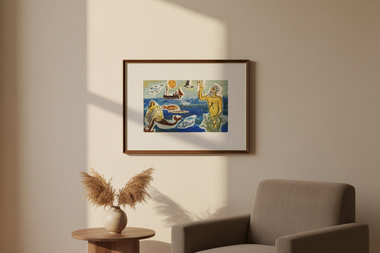 William Crosbie RSA ( Glasgow School ) Neptune & Mermaids - Mixed Media 50x31 cm